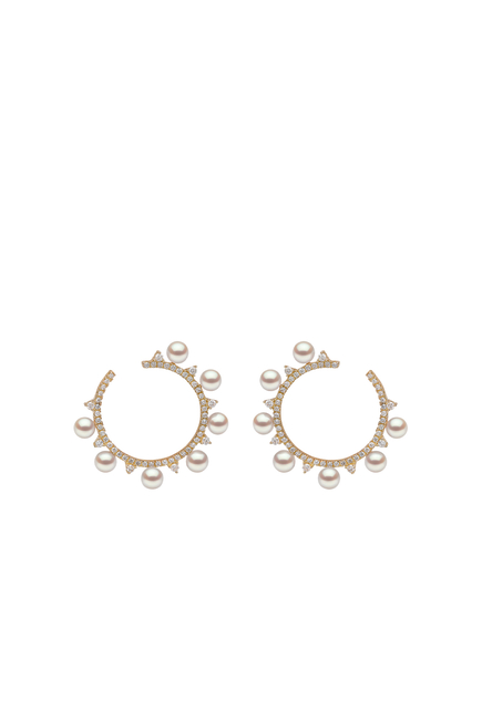 Sleek Spiked Hoop Earrings, 18k Yellow Gold with Akoya Pearls & Diamonds